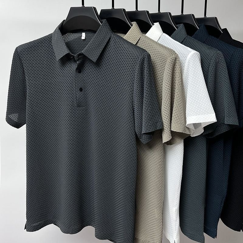 Men Short Sleeve Lapel Button Polo Shirt Ice Silk T-shirt Summer Solid Color Stretch Comfortable Casual Tops Tees Men's T-shirt