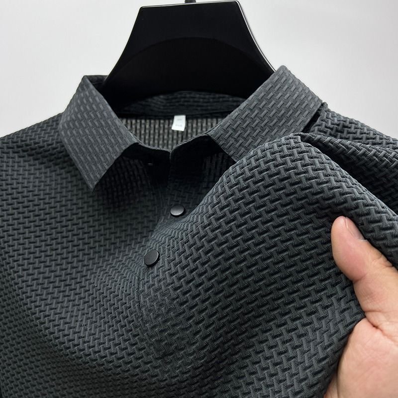 Men Short Sleeve Lapel Button Polo Shirt Ice Silk T-shirt Summer Solid Color Stretch Comfortable Casual Tops Tees Men's T-shirt