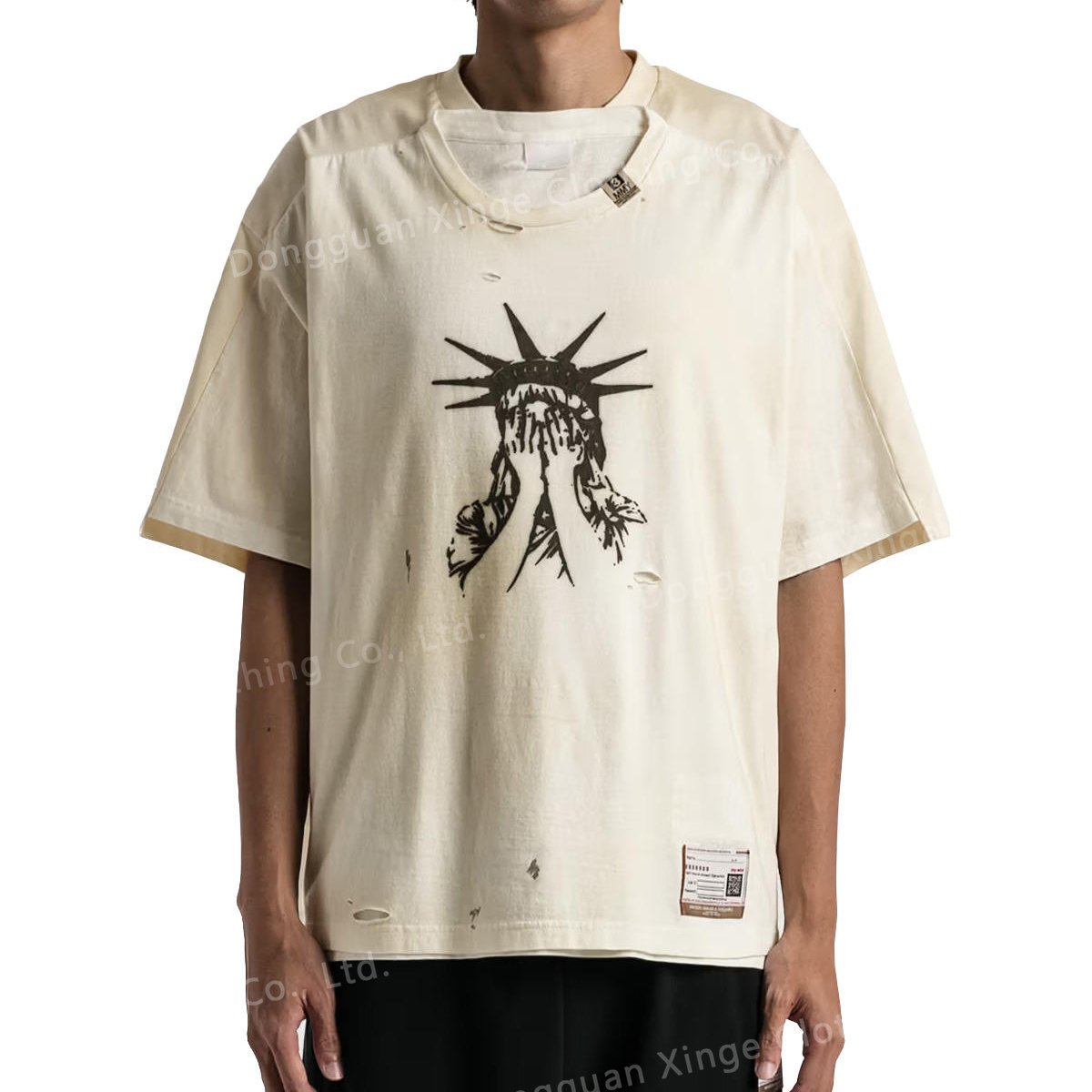 Custom Men Faded Distressed With Raw Hem Men's T-shirt Cotton Vintage Acid Wash Boxy Cropped Double Collar T Shirt For Men