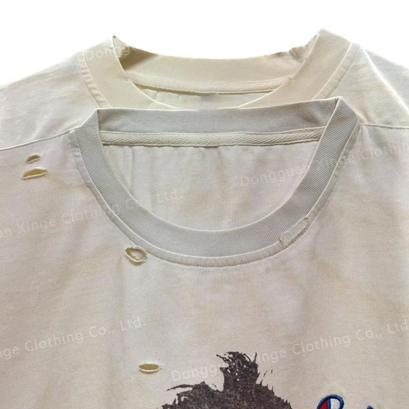Custom Men Faded Distressed With Raw Hem Men's T-shirt Cotton Vintage Acid Wash Boxy Cropped Double Collar T Shirt For Men