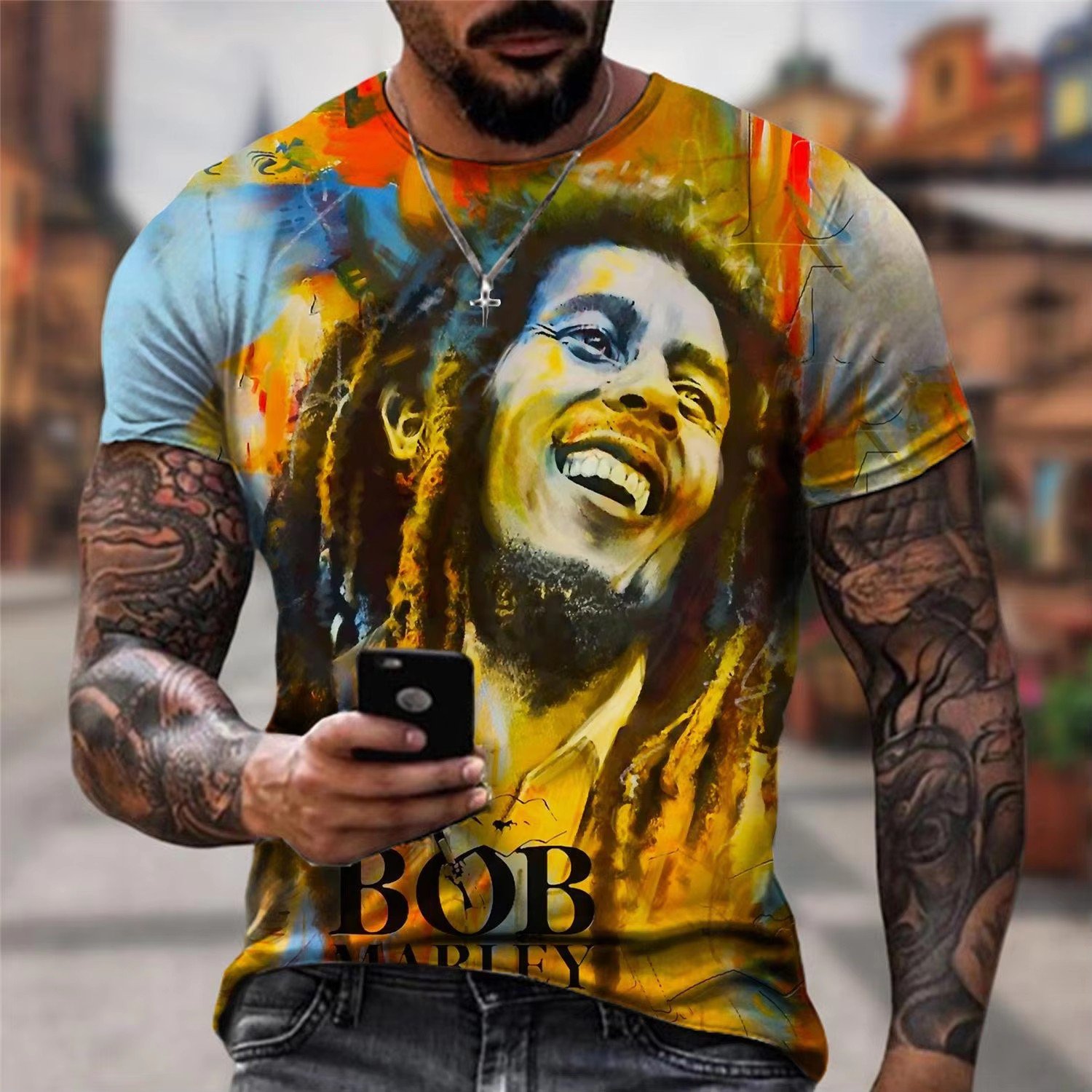 Cool Summer Men's 3D Printed Bob Marley Rock T-Shirt O-Shaped Short Sleeve Street Hip Hop Top Oversized Blank Design
