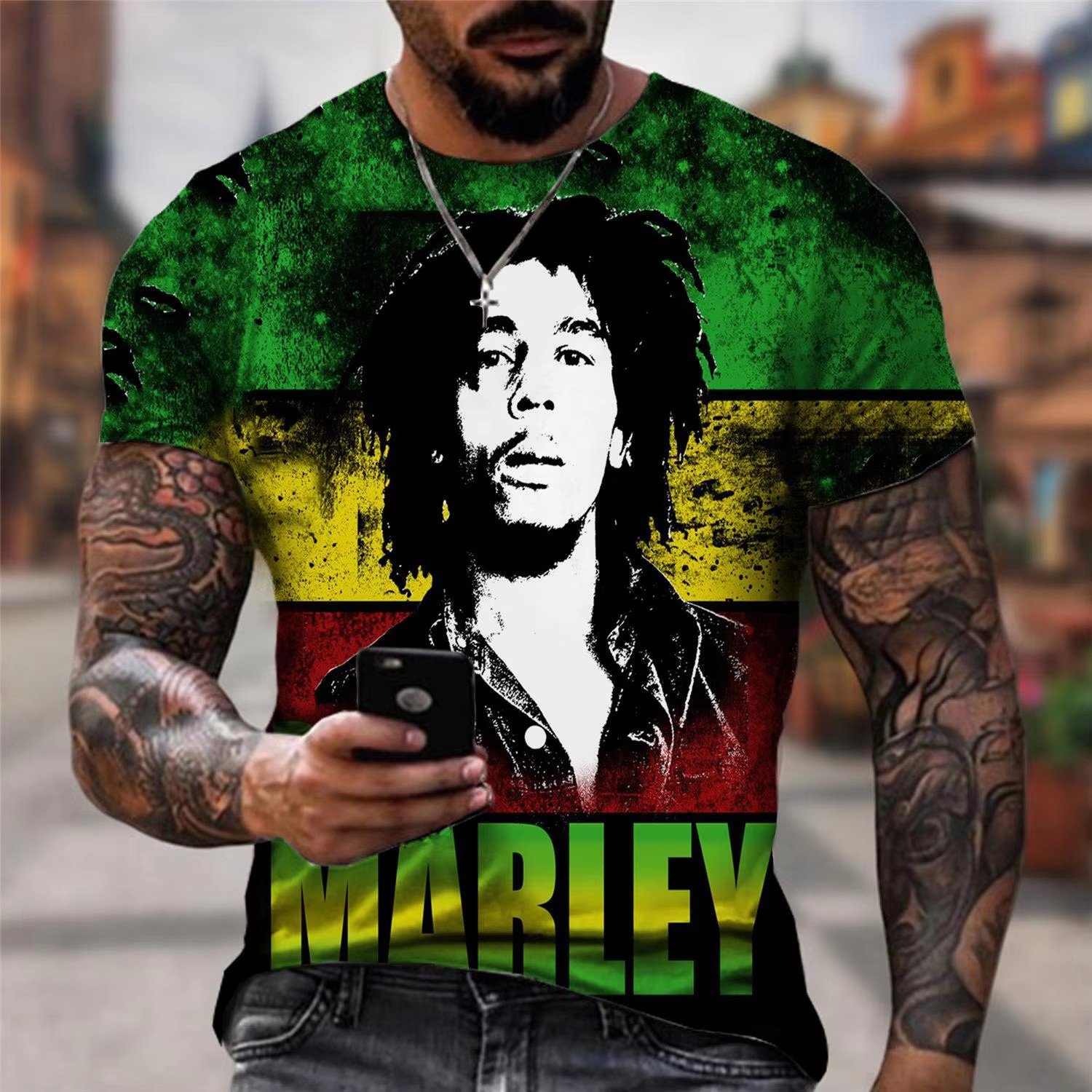 Cool Summer Men's 3D Printed Bob Marley Rock T-Shirt O-Shaped Short Sleeve Street Hip Hop Top Oversized Blank Design
