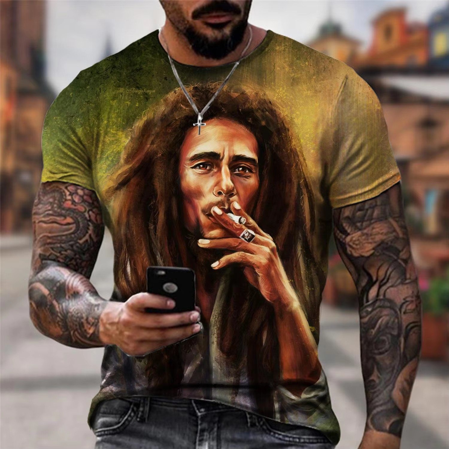 Cool Summer Men's 3D Printed Bob Marley Rock T-Shirt O-Shaped Short Sleeve Street Hip Hop Top Oversized Blank Design