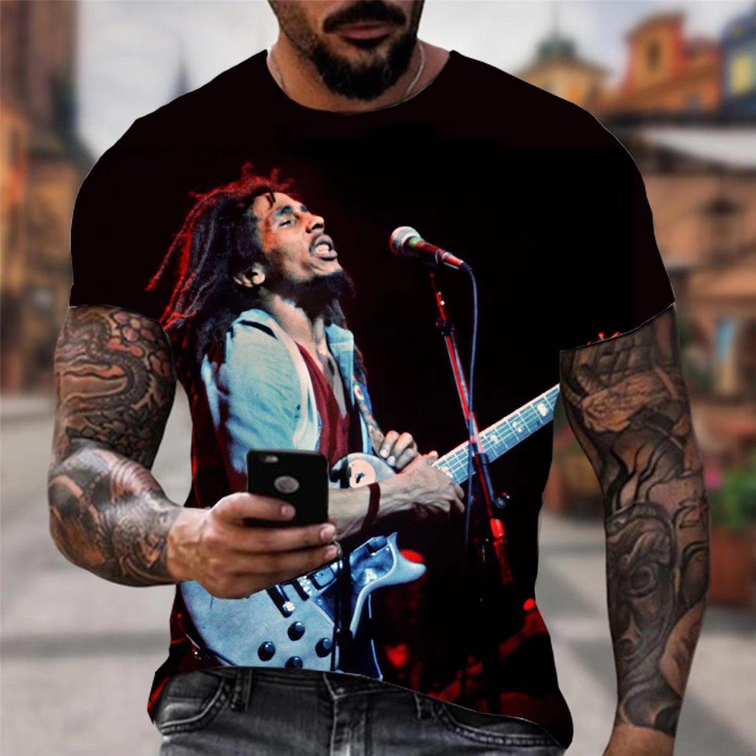 Cool Summer Men's 3D Printed Bob Marley Rock T-Shirt O-Shaped Short Sleeve Street Hip Hop Top Oversized Blank Design