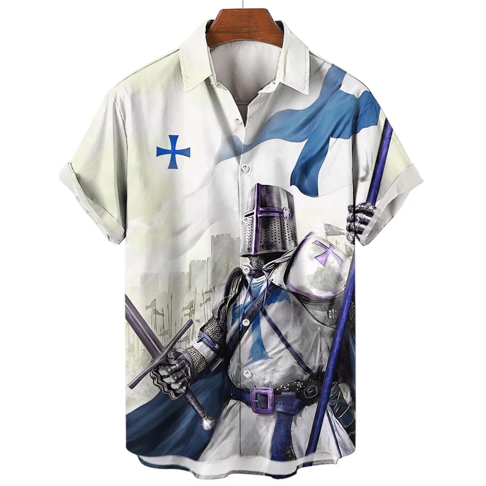 Print Knight Short Sleeve Polo Shirt Cross Pattern Summer Men's T-shirt Tops Casual Oversized Street Clothing