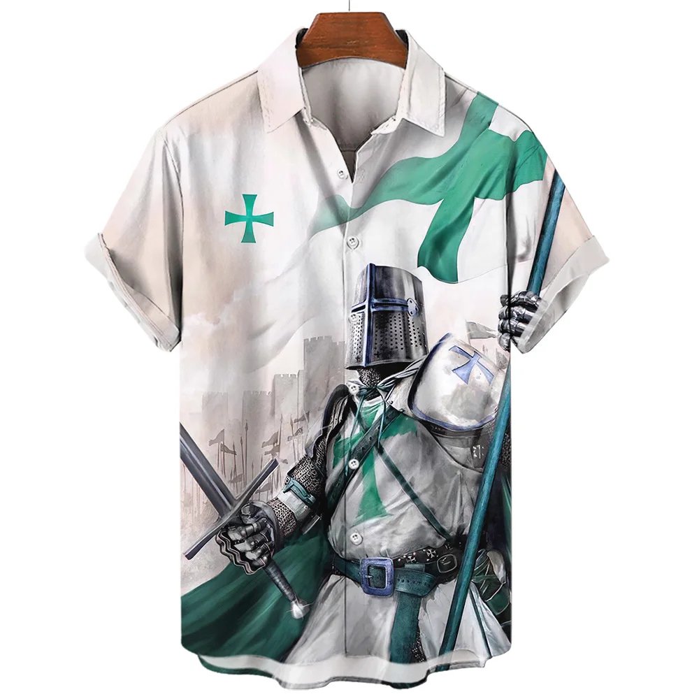 Print Knight Short Sleeve Polo Shirt Cross Pattern Summer Men's T-shirt Tops Casual Oversized Street Clothing