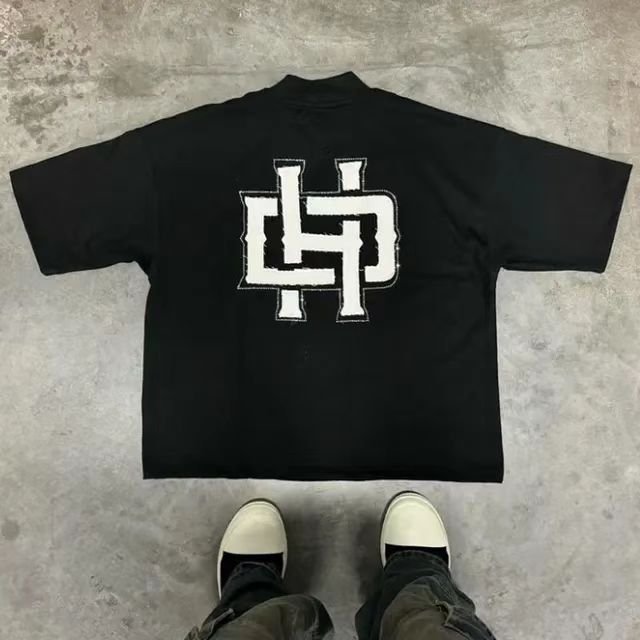 Custom DTG Printing Black Vintage 3D Puff Printed Short Sleeve Cropped Men's T-Shirt 280 gsm Heavyweight Oversized Fit