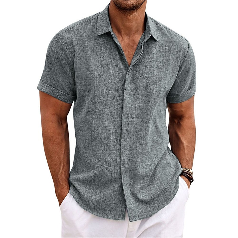 Mens Linen Style Short Sleeve Solid Shirts Casual Fit Formal Dress Top Tee Shirt