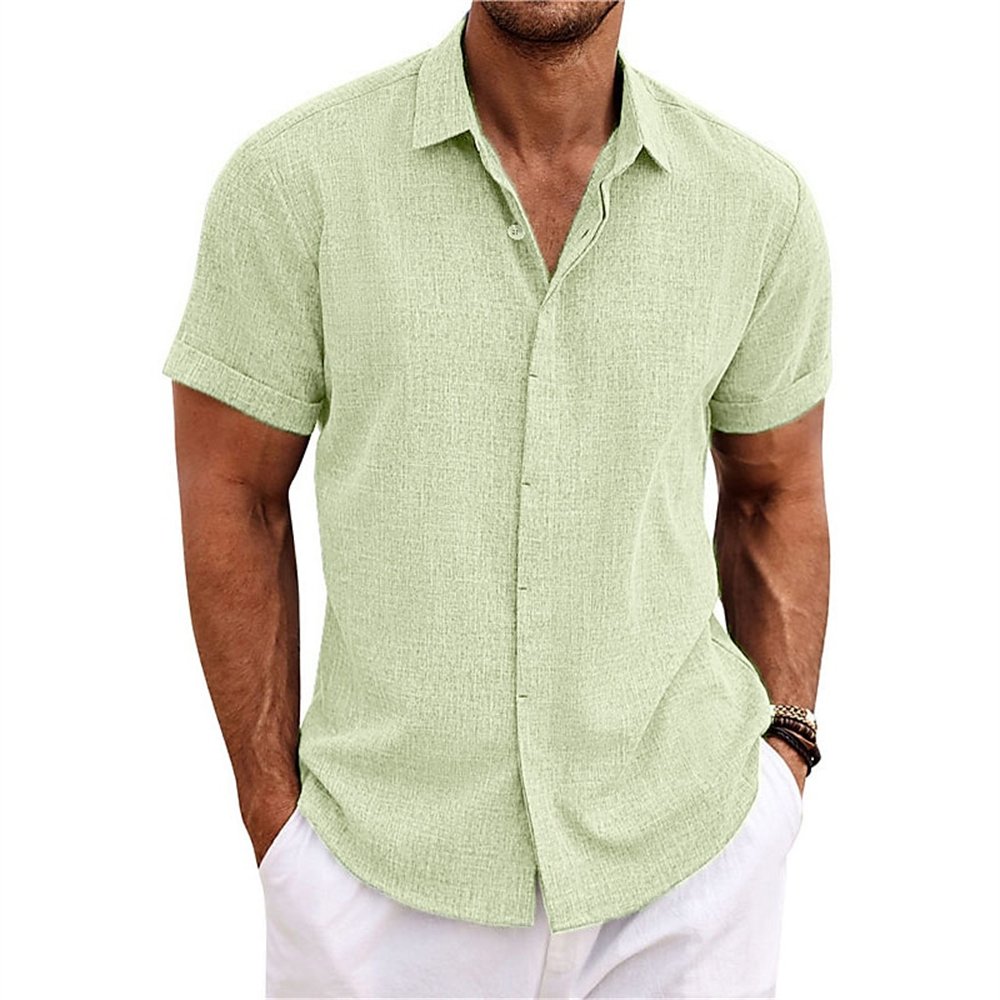 Mens Linen Style Short Sleeve Solid Shirts Casual Fit Formal Dress Top Tee Shirt