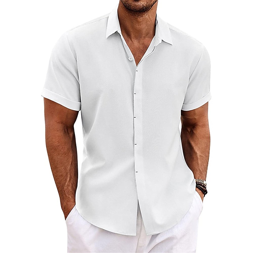 Mens Linen Style Short Sleeve Solid Shirts Casual Fit Formal Dress Top Tee Shirt