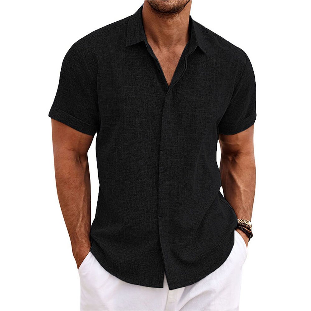 Mens Linen Style Short Sleeve Solid Shirts Casual Fit Formal Dress Top Tee Shirt