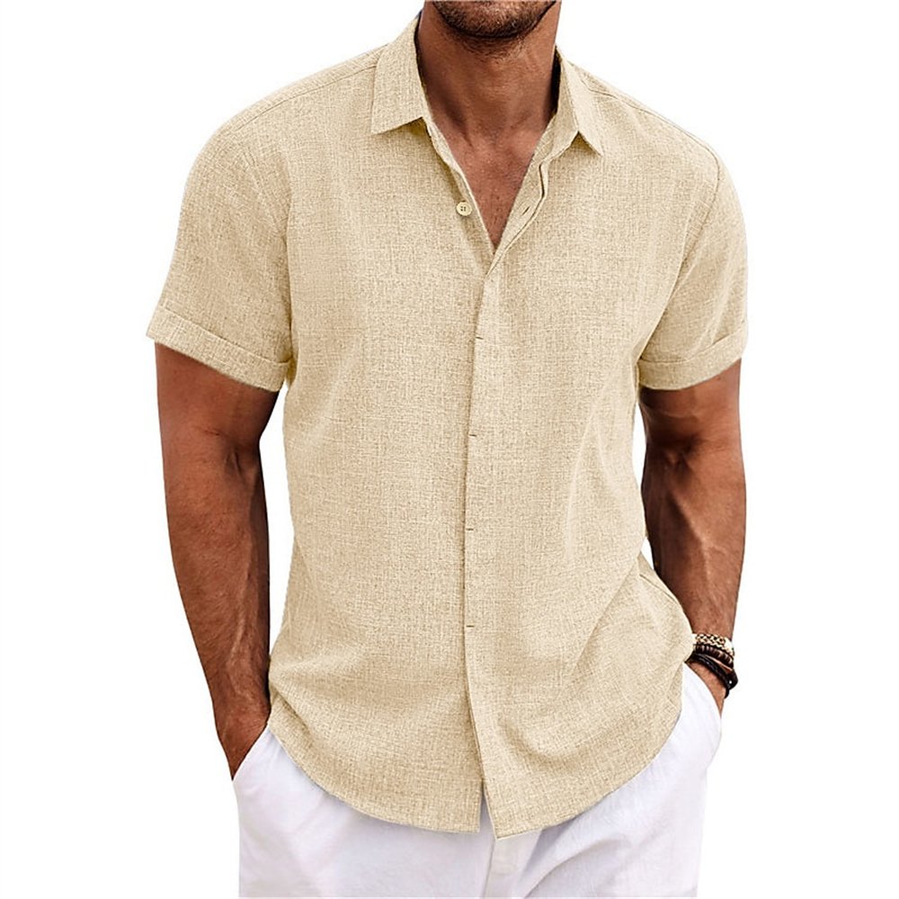 Mens Linen Style Short Sleeve Solid Shirts Casual Fit Formal Dress Top Tee Shirt