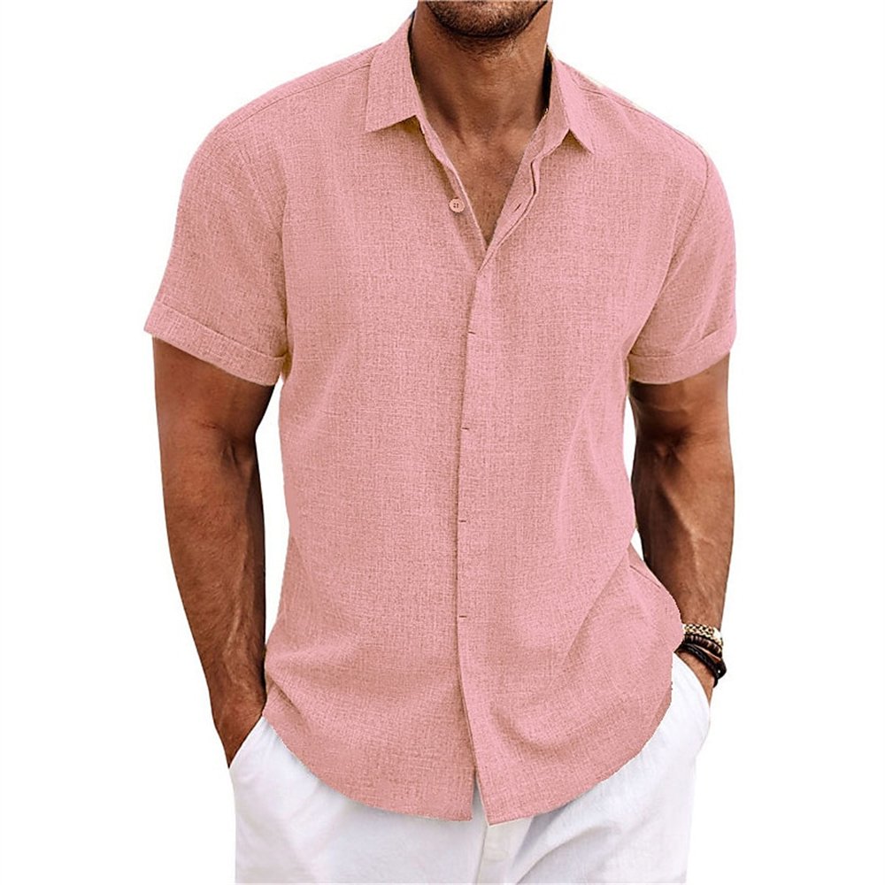 Mens Linen Style Short Sleeve Solid Shirts Casual Fit Formal Dress Top Tee Shirt