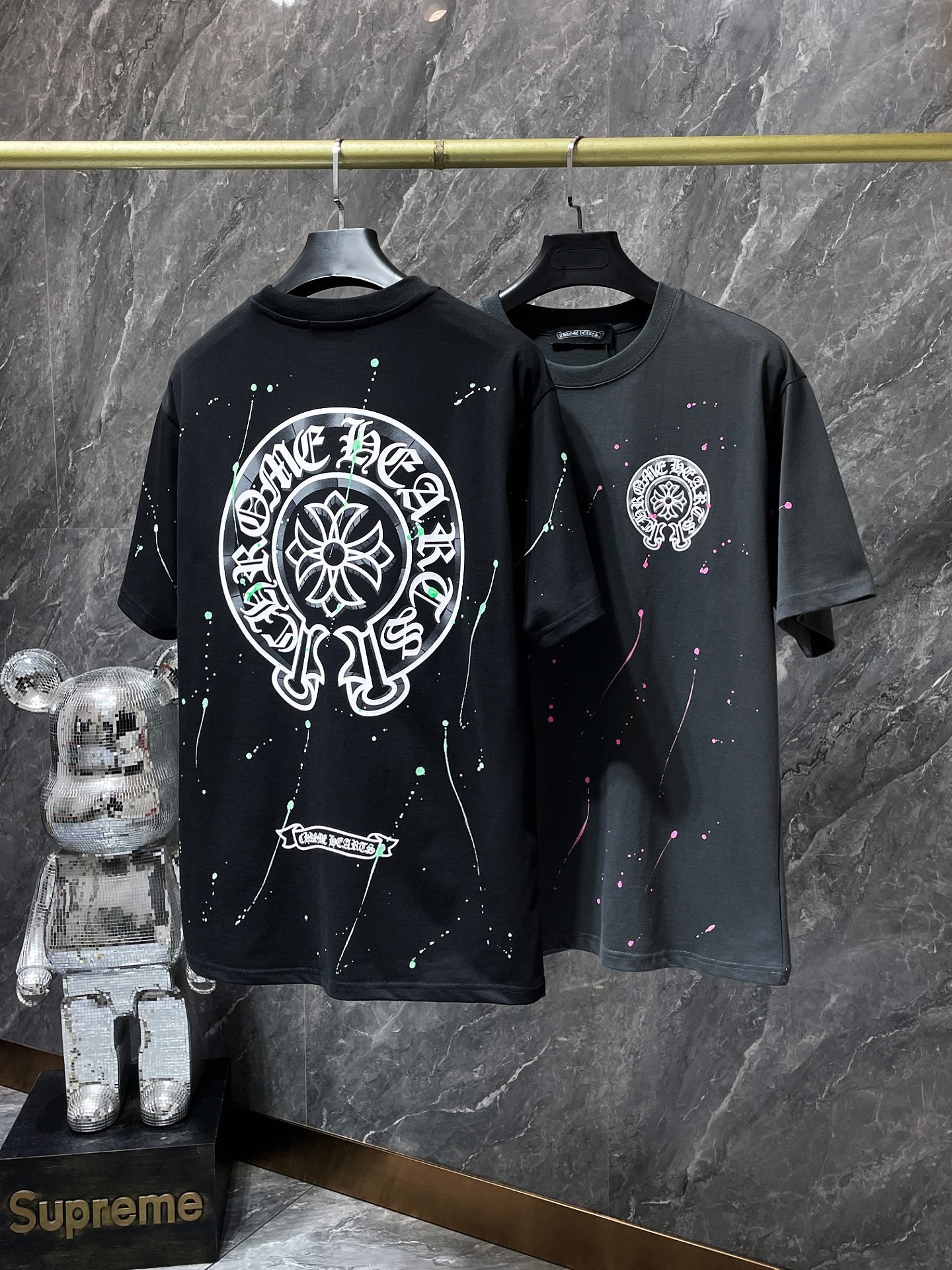 Wholesale Luxury Brand hearts chrome large horseshoe cross flower Sanskrit short-sleeved T-shirt men and women Custom