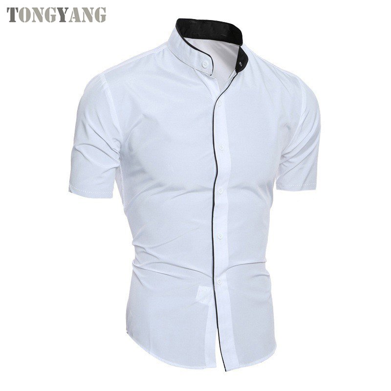TONGYANG High Quality Shirt Short Sleeve Stand Collar Cotton Men Shirt Single Breasted Solid Colour Shirts men's t-shirts