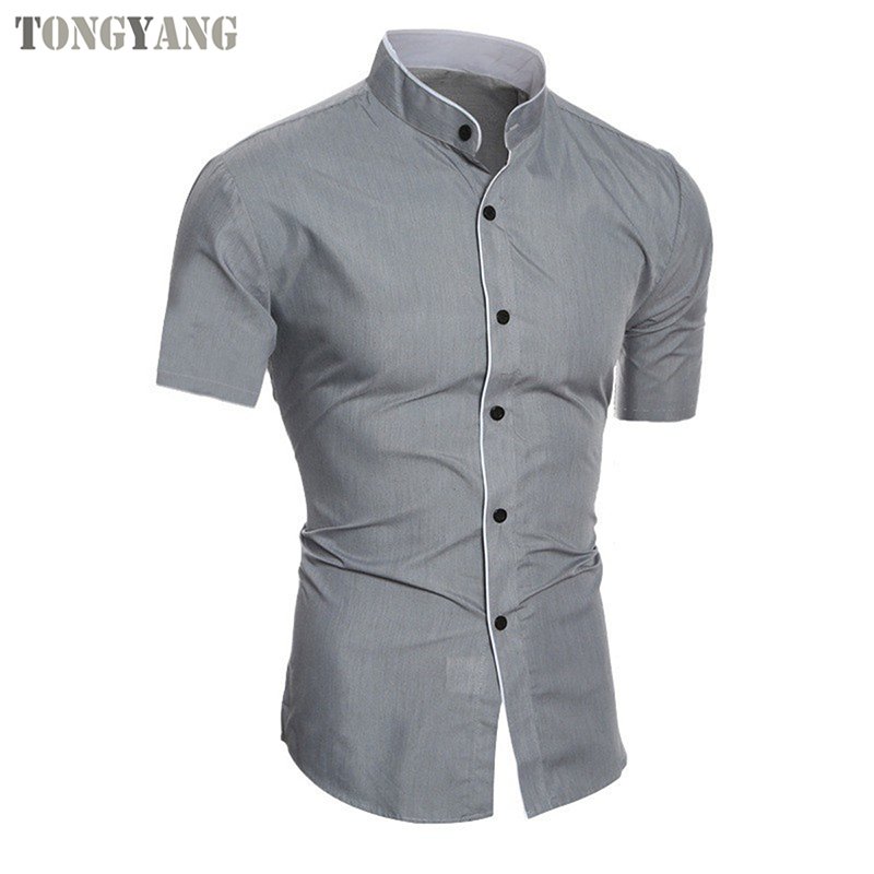 TONGYANG High Quality Shirt Short Sleeve Stand Collar Cotton Men Shirt Single Breasted Solid Colour Shirts men's t-shirts
