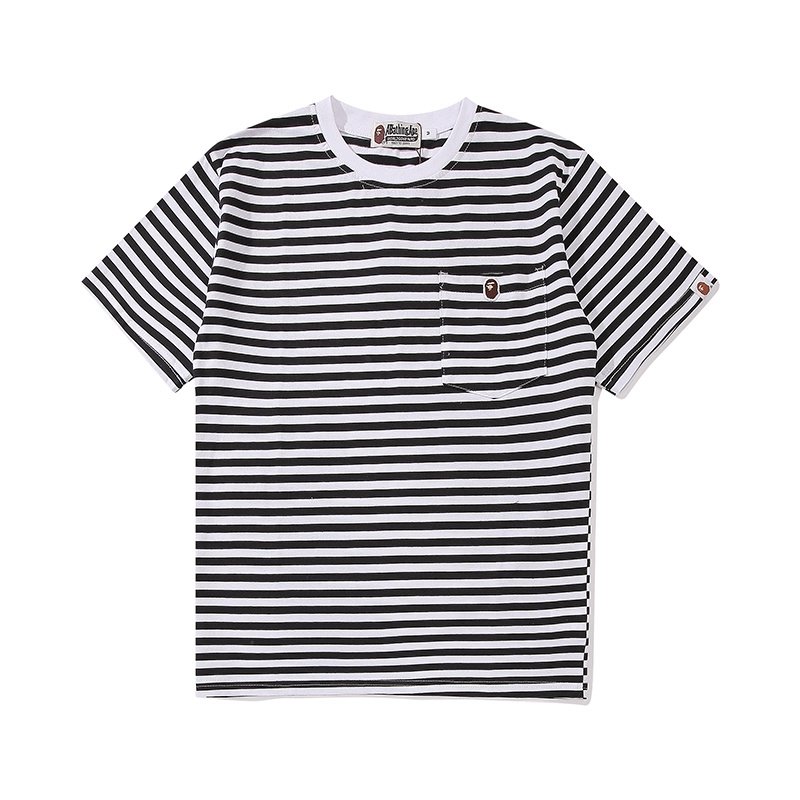 Hot Sale Fashion BAxE Shank Head Embroidery Stripe men's T-shirt with Pocket