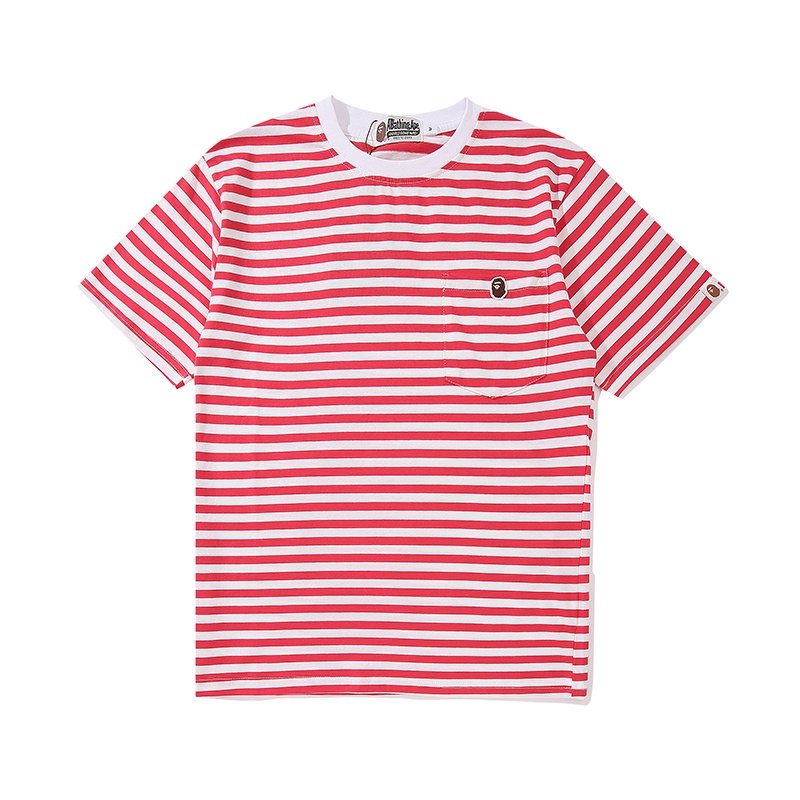Hot Sale Fashion BAxE Shank Head Embroidery Stripe men's T-shirt with Pocket