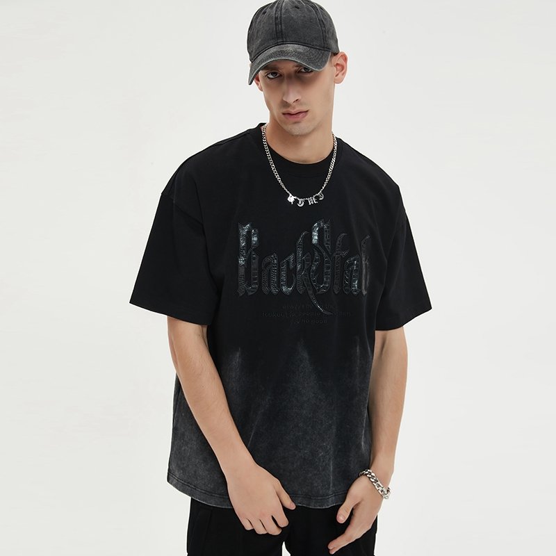 Apparel Manufacturer Faux Crocodile Leather Applique Vintage Washed Oversized Men's T-Shirt