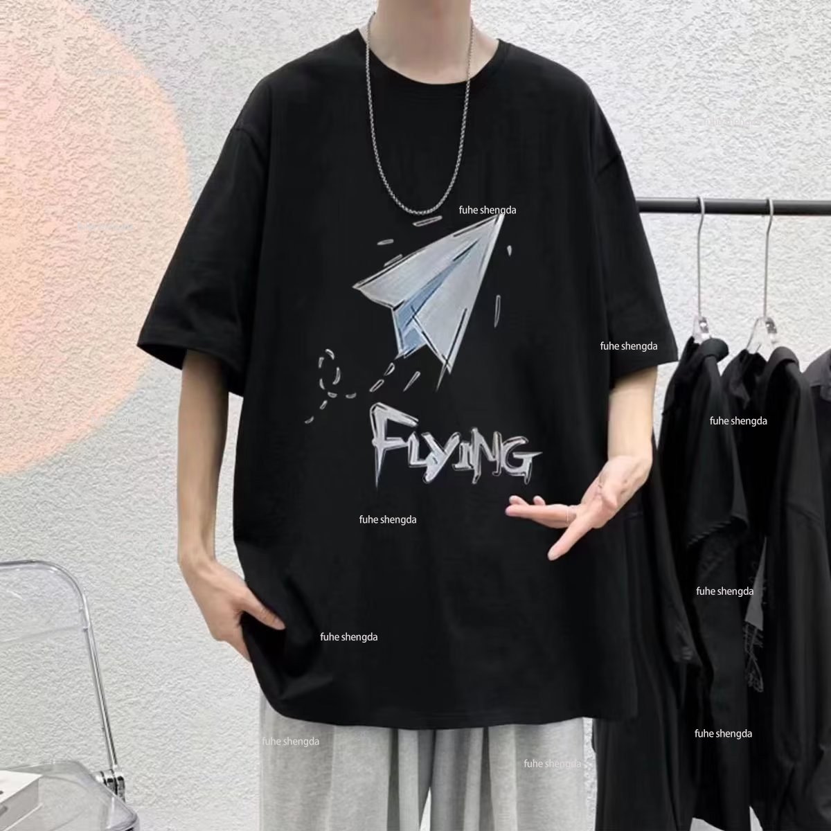 Hong Kong style short sleeved loose fitting oversized off shoulder sleeves wholesale fashion trend printed men's T-shirt