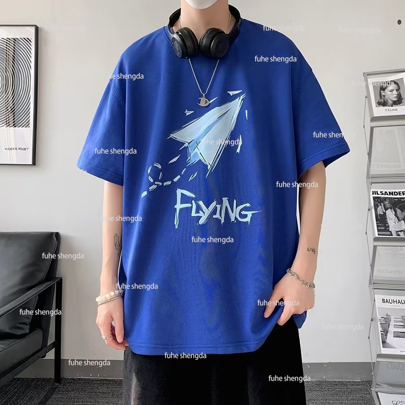 Hong Kong style short sleeved loose fitting oversized off shoulder sleeves wholesale fashion trend printed men's T-shirt