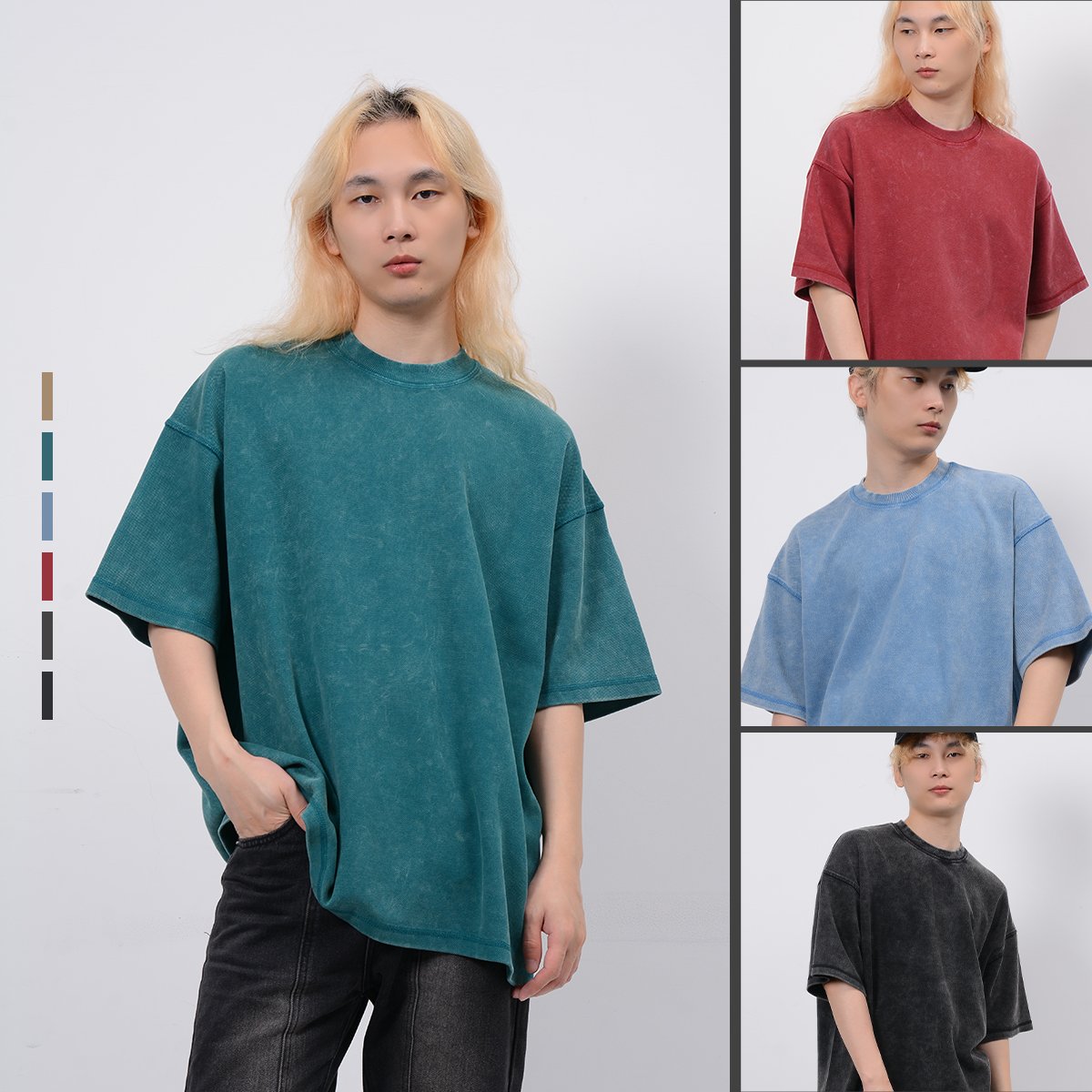 high quality unisex blank t-shirt Pique fabric cotton 400g batik Vintage washed round neck short sleeve T-shirt men