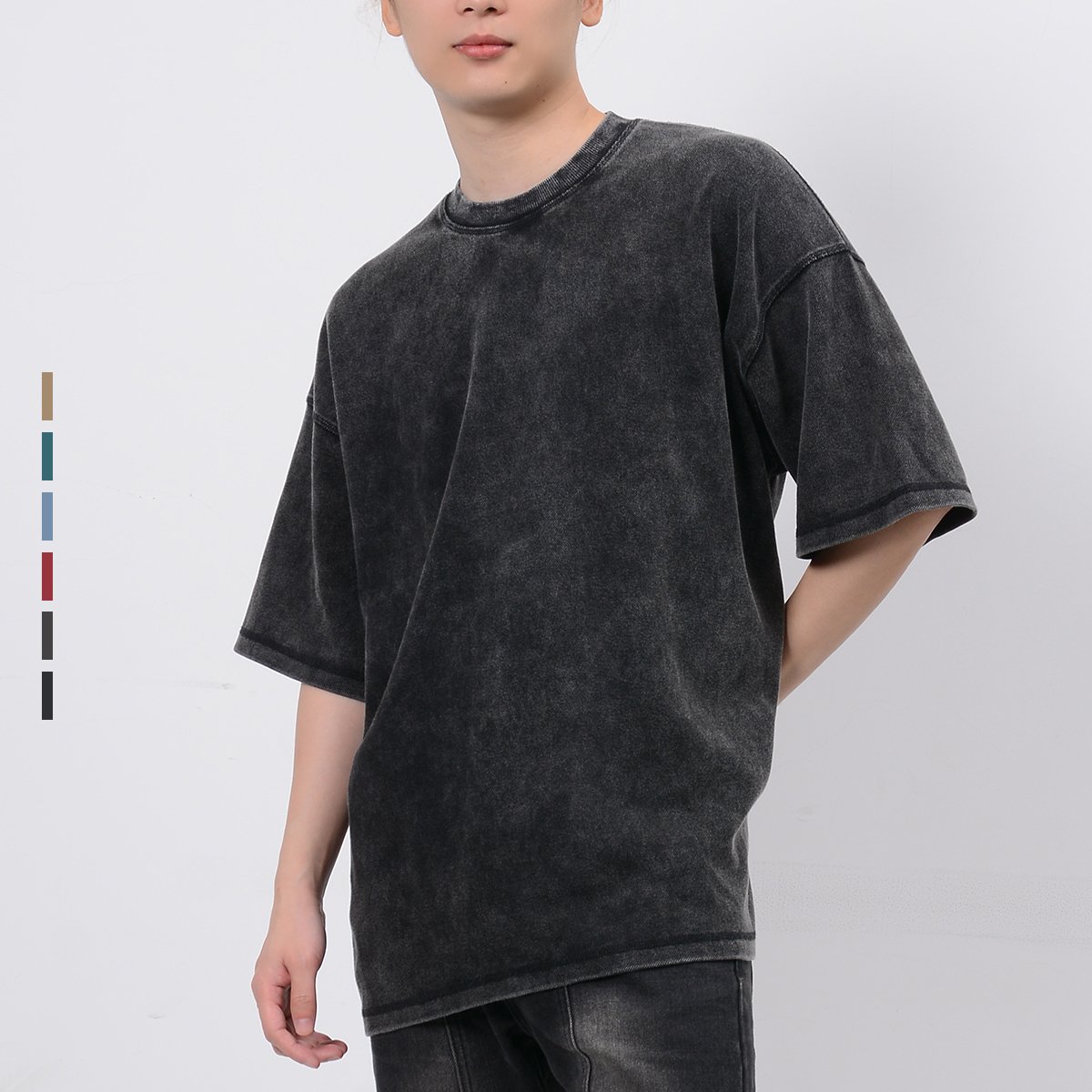 high quality unisex blank t-shirt Pique fabric cotton 400g batik Vintage washed round neck short sleeve T-shirt men
