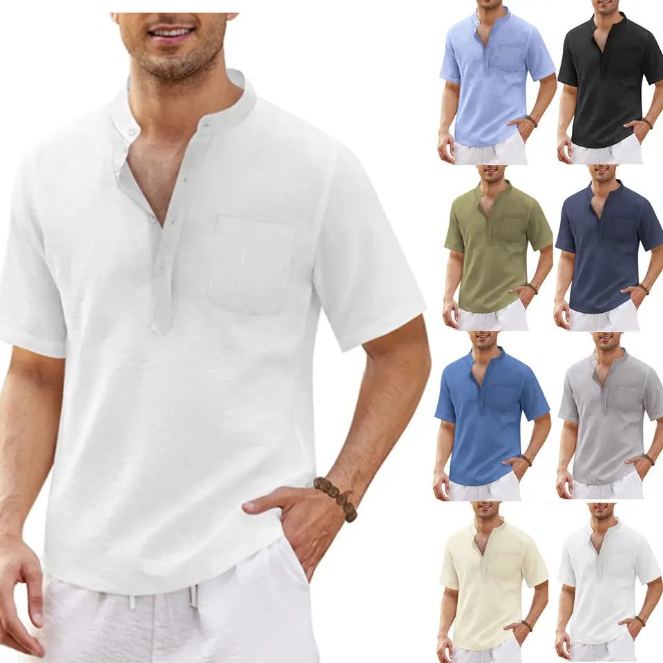 Summer Men's Cotton Linen Shirt Men's Casual Pocket Short Sleeve Beach T-shirt