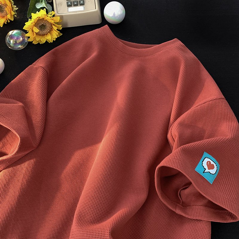 Waffle T-shirt men's short sleeve loose trend on half sleeve clothes summer new simple short sleeve T-shirt