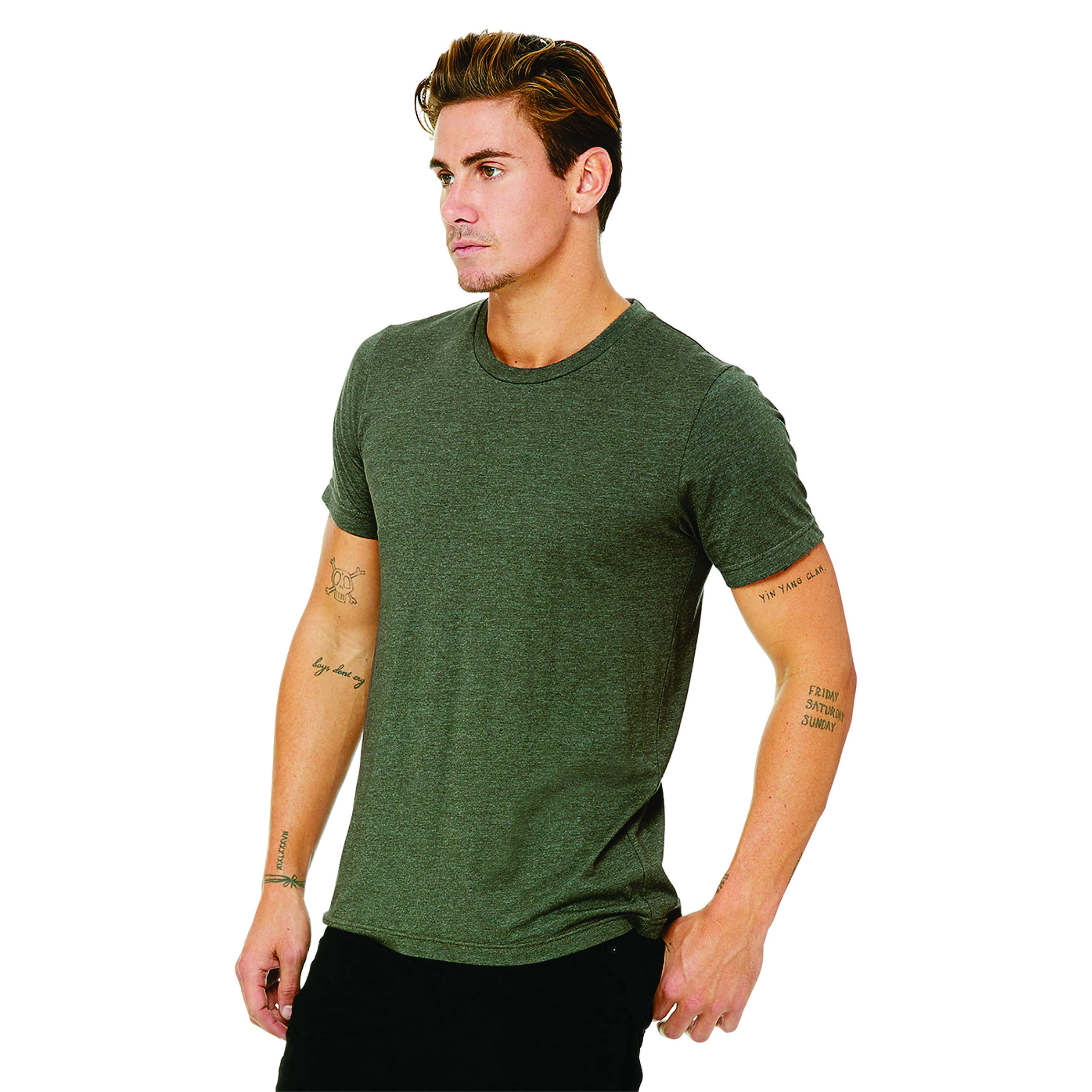 Heather Military Green Unisex CVC Short Sleeve Tee: 52% Airlume Combed Ring Spun Cotton, 48% Poly, 32 Single, 4.2 oz