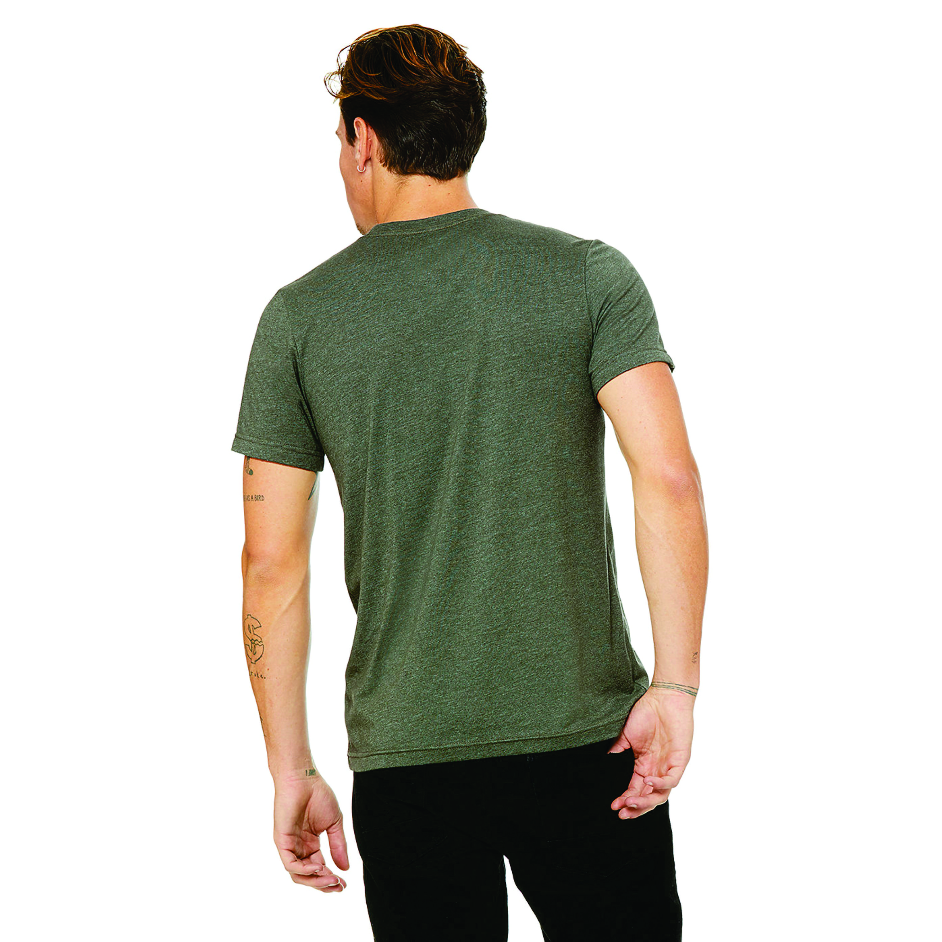 Heather Military Green Unisex CVC Short Sleeve Tee: 52% Airlume Combed Ring Spun Cotton, 48% Poly, 32 Single, 4.2 oz