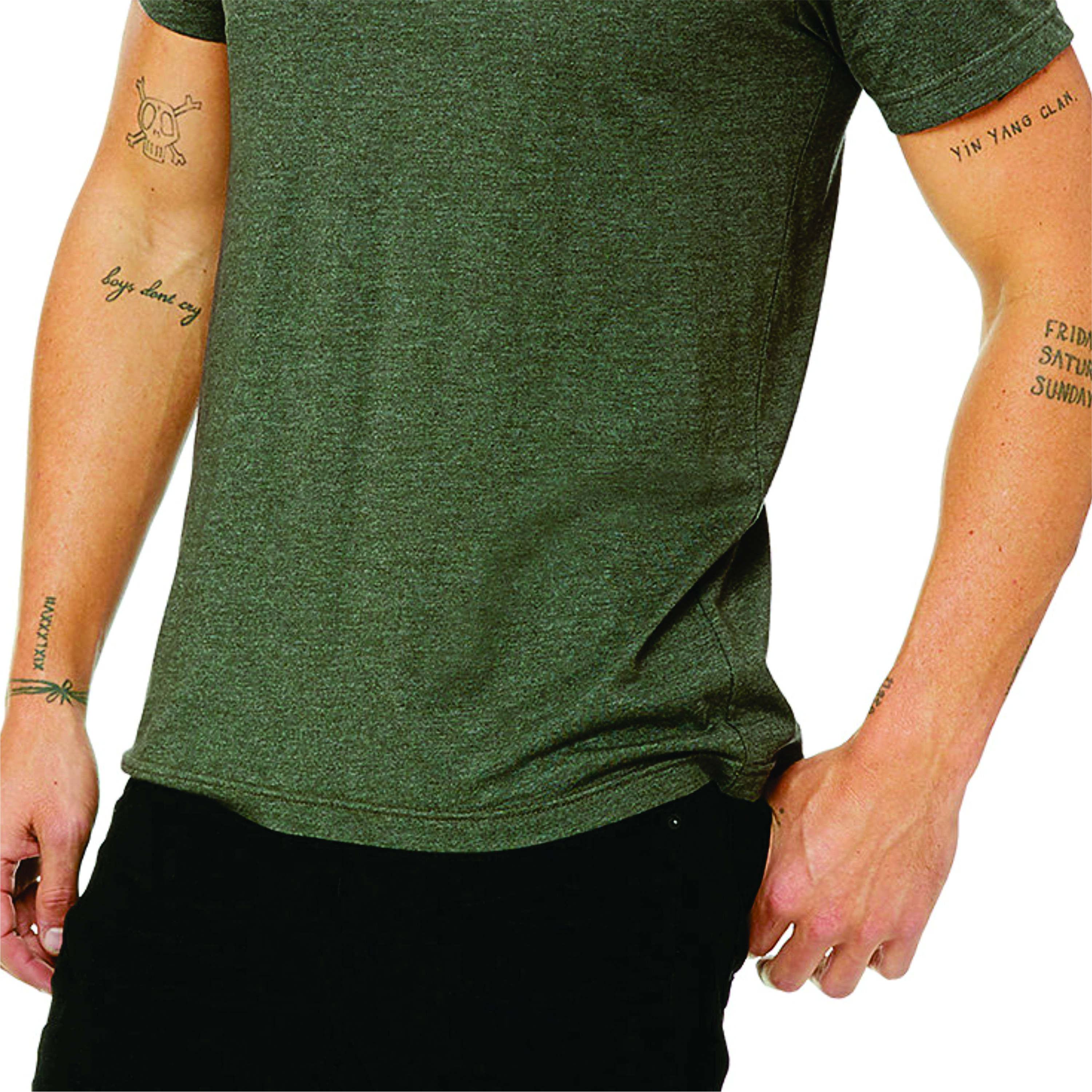 Heather Military Green Unisex CVC Short Sleeve Tee: 52% Airlume Combed Ring Spun Cotton, 48% Poly, 32 Single, 4.2 oz