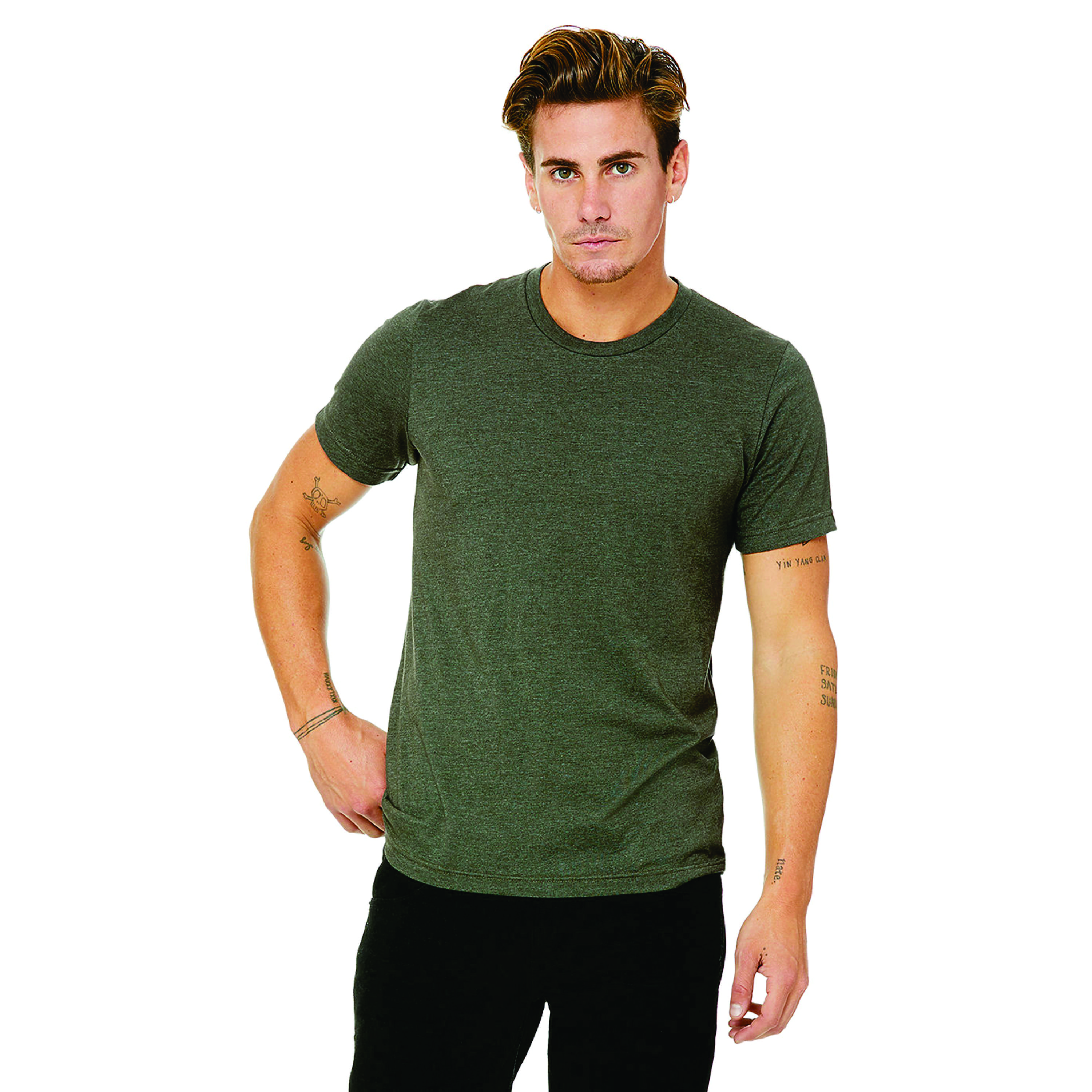 Heather Military Green Unisex CVC Short Sleeve Tee: 52% Airlume Combed Ring Spun Cotton, 48% Poly, 32 Single, 4.2 oz