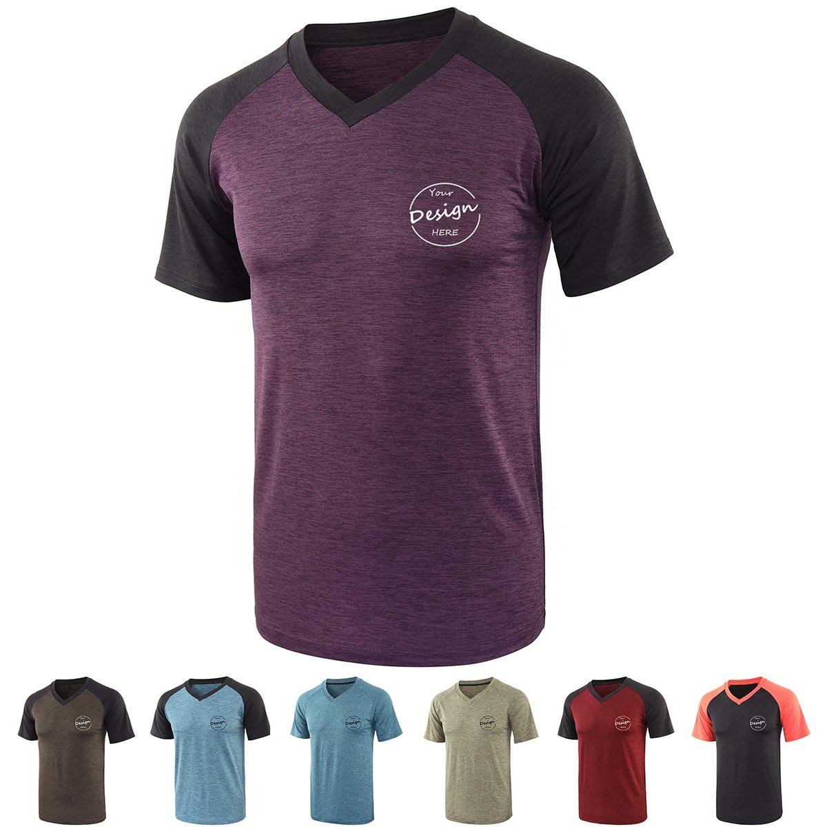 Hot Sale Custom Blank Summer Soft Cotton Raglan Short Sleeve V Neck Color Blocked Fitness Men's T-Shirts Patchwork Manufacture
