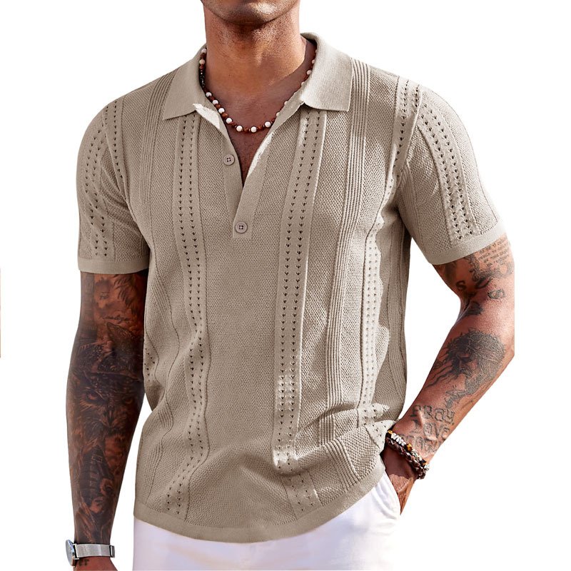 Men's Knit Button Down Shirt Vintage Short Sleeve Casual Beach Tops Polo Shirts