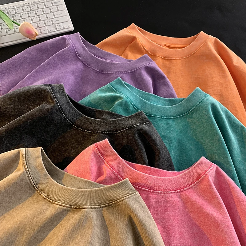 Oversized Men's T Shirts Summer Custom Wash Vintage Letter Puff Print Loose Round Neck Short Sleeve T-shirt
