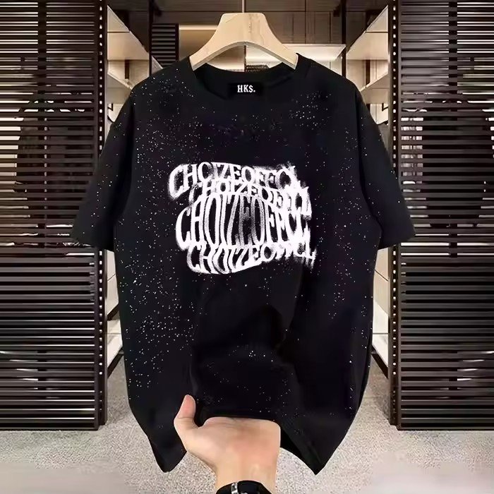 Men's clothing spring and summer thin print short sleeved T-shirt trend round neck half sleeved couple top youth T-shirt 2024