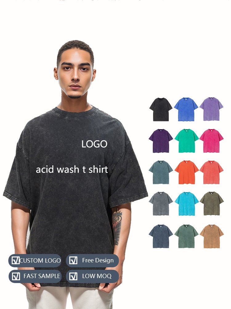 Custom logo 100% cotton graphic tee oversized loose fit drop shoulder vintage stone acid wash t shirt with DTG print for men