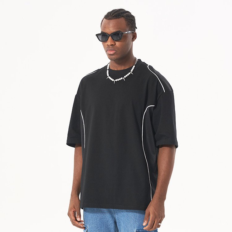 2024 new high street mesh stitching pure cotton T-shirt summer casual outer wear breathable short-sleeved men's T-shirt