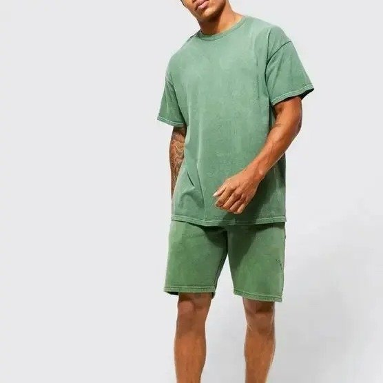 Washed Cotton Men's T-Shirt Over Size Puff Heat DTG Print Summer Shorts Custom Acid Wash T-Shirt And Shorts Set For Men
