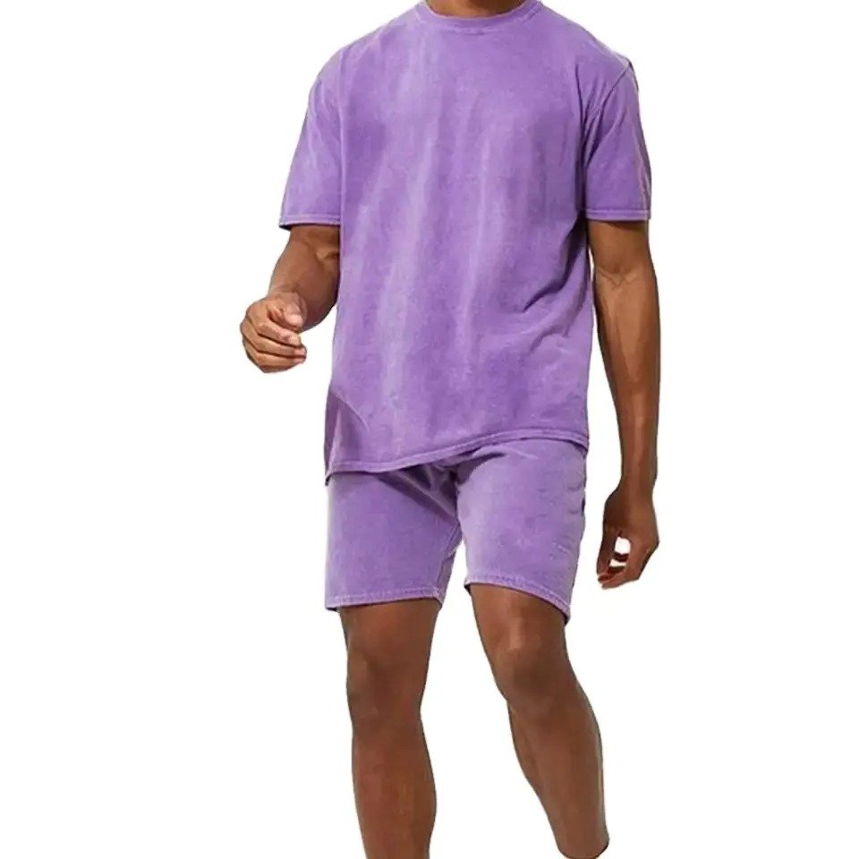 Washed Cotton Men's T-Shirt Over Size Puff Heat DTG Print Summer Shorts Custom Acid Wash T-Shirt And Shorts Set For Men