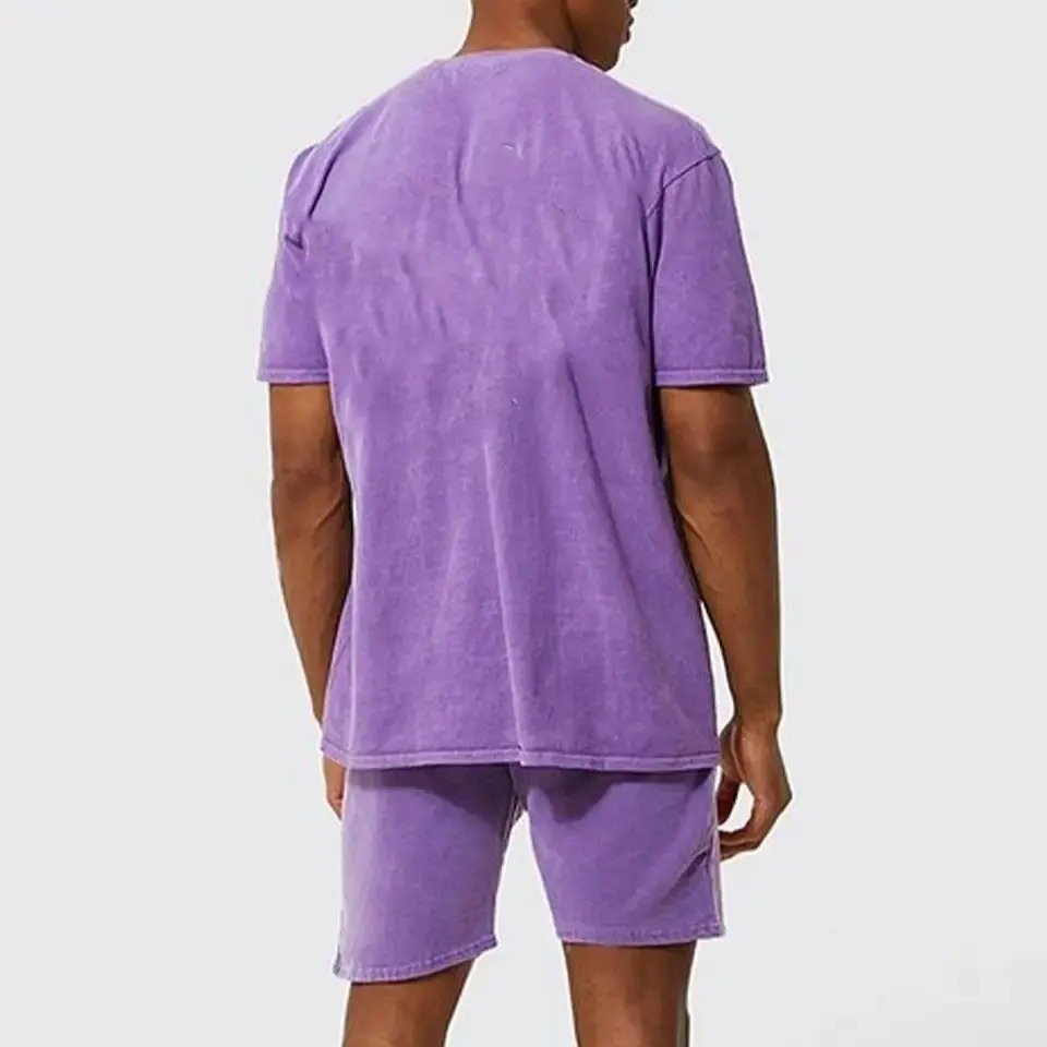 Washed Cotton Men's T-Shirt Over Size Puff Heat DTG Print Summer Shorts Custom Acid Wash T-Shirt And Shorts Set For Men