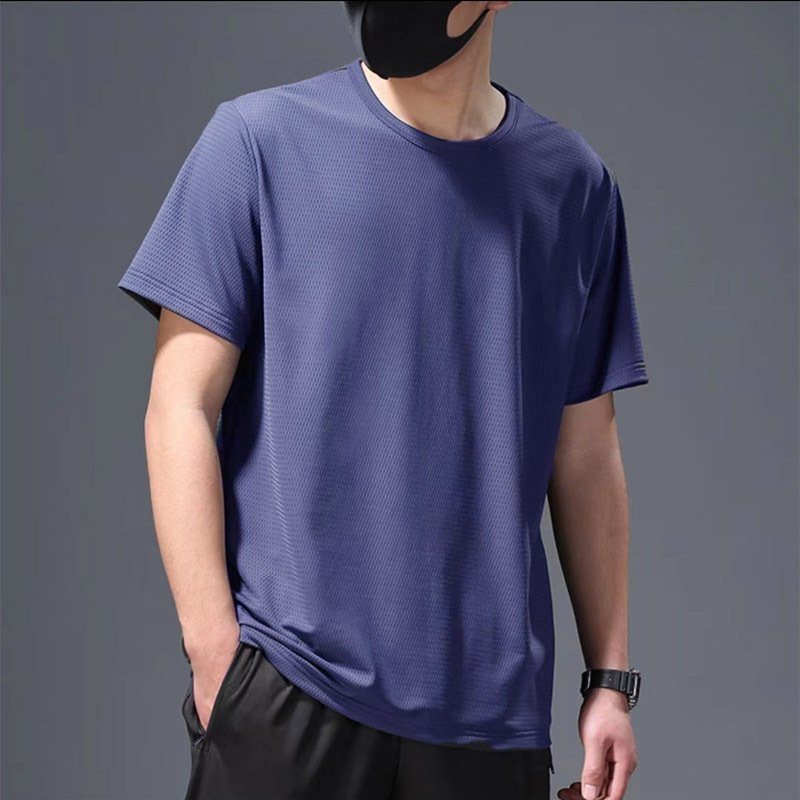 High end Ice Silk Short Sleeve T-shirt Men's Summer Mesh Breathable Round Neck Half Sleeve Fashion Solid Color Casual Luxury Top