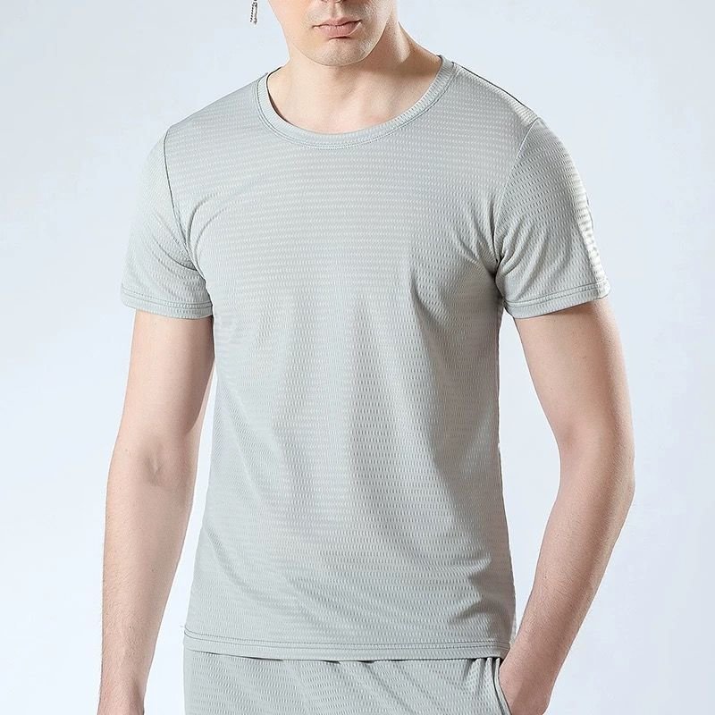 High end Ice Silk Short Sleeve T-shirt Men's Summer Mesh Breathable Round Neck Half Sleeve Fashion Solid Color Casual Luxury Top