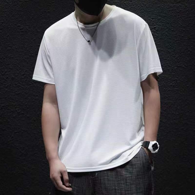 High end Ice Silk Short Sleeve T-shirt Men's Summer Mesh Breathable Round Neck Half Sleeve Fashion Solid Color Casual Luxury Top