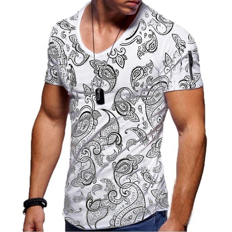 Mens Sports Paisley Short Sleeve Bodybuilding Fitness Slim Printed T-Shirt