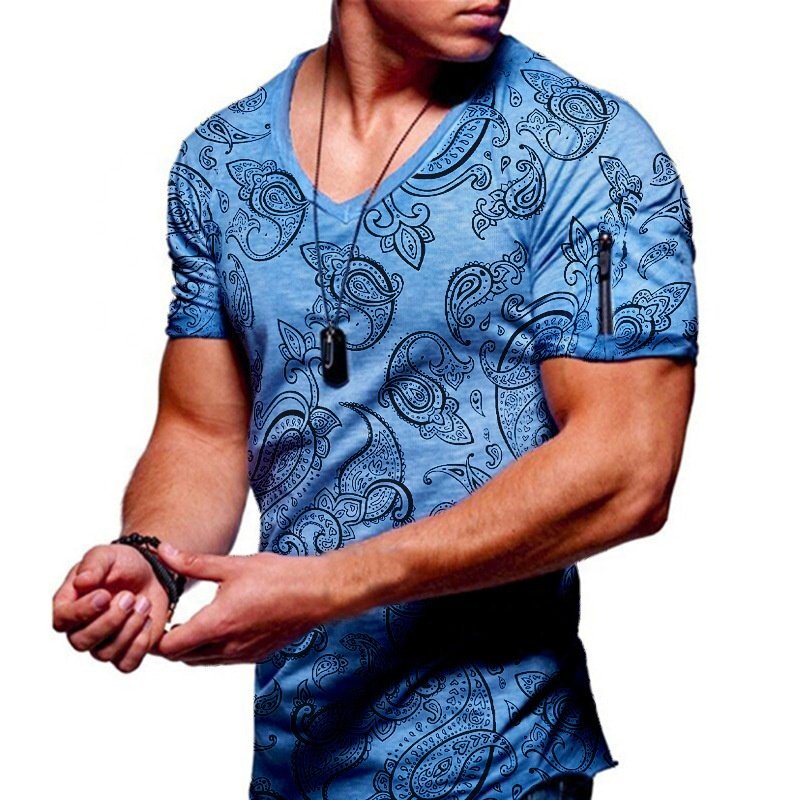 Mens Sports Paisley Short Sleeve Bodybuilding Fitness Slim Printed T-Shirt