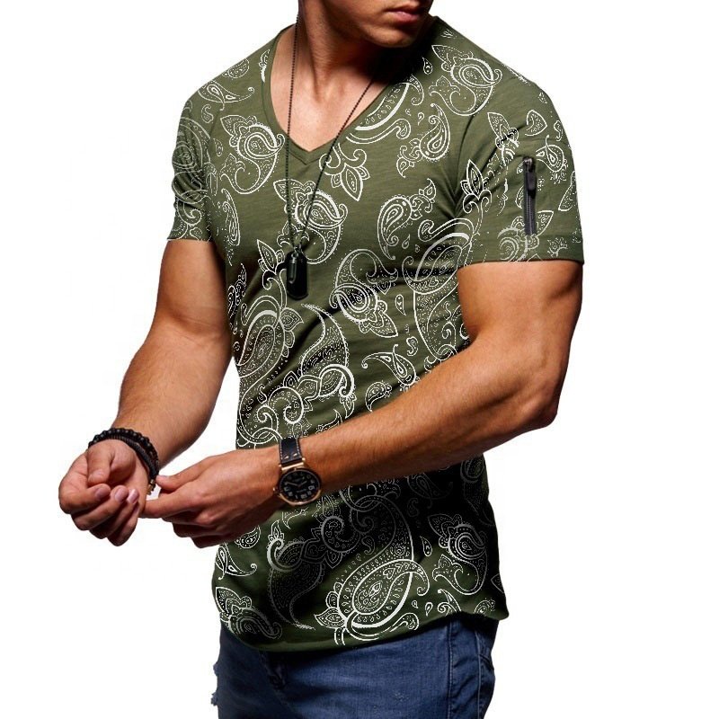 Mens Sports Paisley Short Sleeve Bodybuilding Fitness Slim Printed T-Shirt