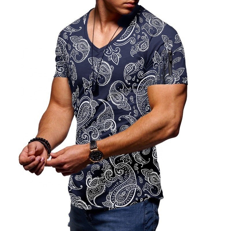 Mens Sports Paisley Short Sleeve Bodybuilding Fitness Slim Printed T-Shirt