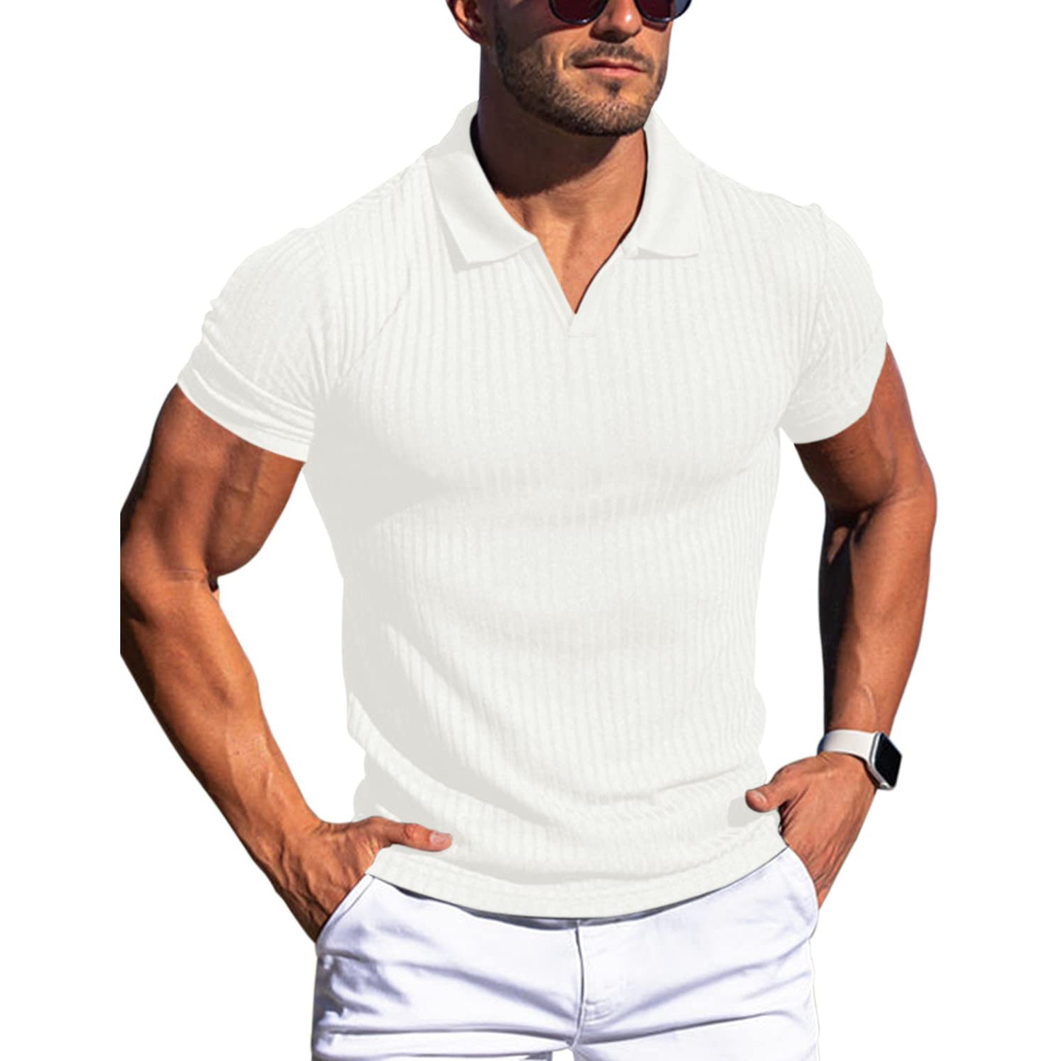 2024 summer new POLO shirt lapel V-neck casual wear solid color vertical stripes short-sleeved men's T-shirt